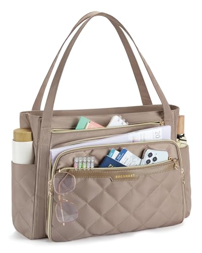 BAGSMART Teacher Tote Bag for Women 15.6in Quilted with Insulated Pocket & Nurse Bag Features (Brown)