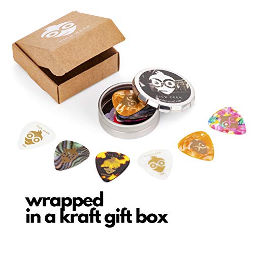 Pick Geek Guitar Picks - 16 Cool Custom Guitar Picks For Your Electric, Acoustic, Or Bass Guitar - X-Heavy, Heavy, Medium & Light - Presented In A Luxury Metal Pocket Box #TOP1
