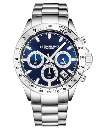 Stührling Original Men’s Chronograph Watch Blue Dial, Stainless Steel Bracelet, Quartz Analog Mens Watch, Tachymeter Sport Watch for Men, 100M Water Resistant Men’s Wrist Watch
