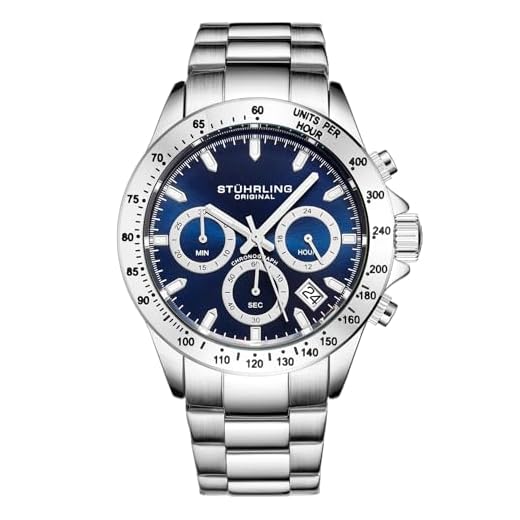 Relógio cronógrafo masculino original Stührling Pulseira de aço inoxidável com coroa rosqueada e resistente à água até 100 m. Movimento de quartzo com mostrador analógico, Azul, Cronógrafo,