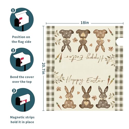 Image of Happy Easter Mailbox Cover, Magnetic Standard Size 21x18 Inches, Spring Bunny Rabbits Egg Carrot Mailbox Wrap Post Cover with Buffalo Plaids for Garden Yard Outdoor Home Decor