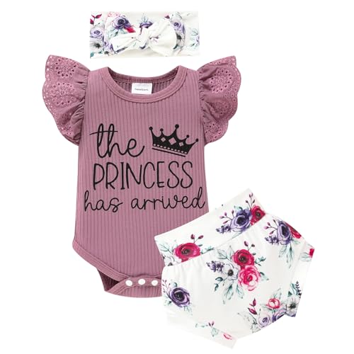 ZOELNIC Newborn Baby Girl Daddy's Girl Ruffles Sleeve Romper + Floral Shorts + Hairband 3pcs Summer Outfits for Baby Girls Clothes 1-3 Months Purple#2