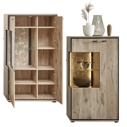 Lomadox Wohnwand TV-Wand inkl. Beleuchtung braun 4-teilig Modern, 1 Vitrine, 1 Highboard, 1 Wandboard, 1 Lowboard – Bild 6