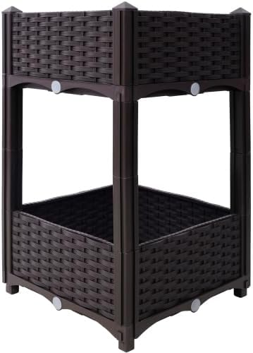 LuckyNote】Raised Beds - Elevated Planter Garden Box with Drainage Plug Raised Garden Beds for Vegetable/Flower/Herb Outdoor Standing Planter Beds Gardening Kit,15.7"x15.7"x27.7" (Brown)