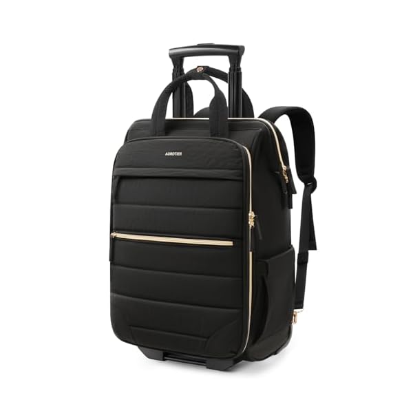 Rolling Puffer Backpack for Women, Travel Backpack with Wheels, 16 Inch Wheeled Laptop Backpck, Dual-Opening Design Overnight College Underseat Carry on Luggage, Roller Business Work Bag, Black