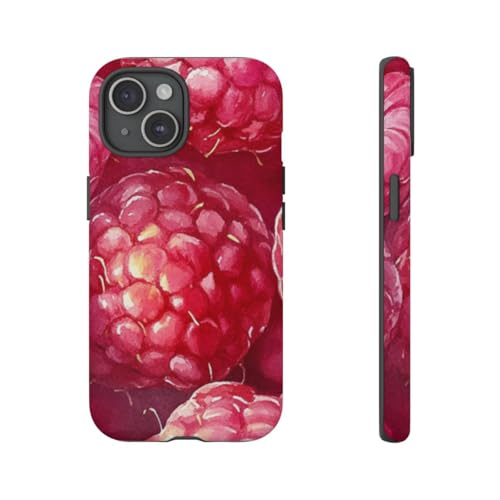 Coque iPhone 15 rigide mate rose anti-traces framboises