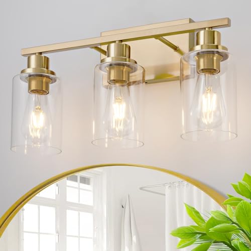 HCCZ 3 Light Bathroom Light Fixtures Brushed Brass Vanity Light Over Mirror Modern Farmhouse Wall Lighting Sconces Wall Lamp for Bathroom, Bedroom, Living Room E26 Socket with Glass Shade