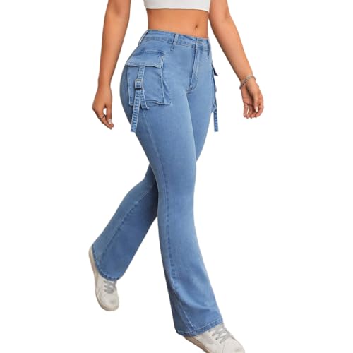 Cargo Jeans for Women High Waisted Stretch Slim Fit Wide Leg Denim Pants4