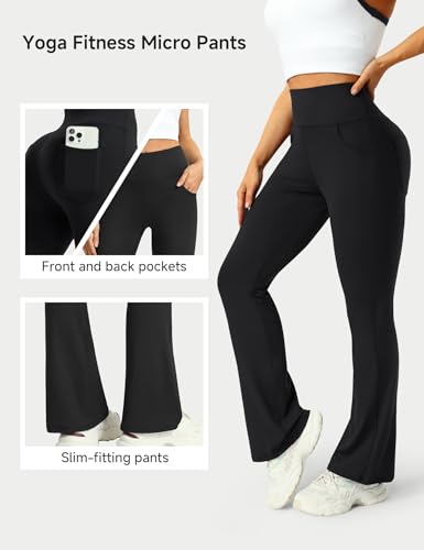 Mlenhor 3 Packs Womens High Waist Flare Pants-Flare Yoga Pants，Yoga Pants with Pockets - High Waist and Wide Leg (US, Alpha, Medium, Regular, Regular, 3 Pack-Black/Black/Black) — view 5