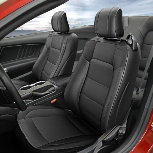 Image of GIANT PANDA Custom Fit Full Set Car Seat Covers for Ford Mustang Convertible 2015 2016 2017 2018 2019 2020 2021 2022 2023 2024 2025 2026, Faux Leather, Black