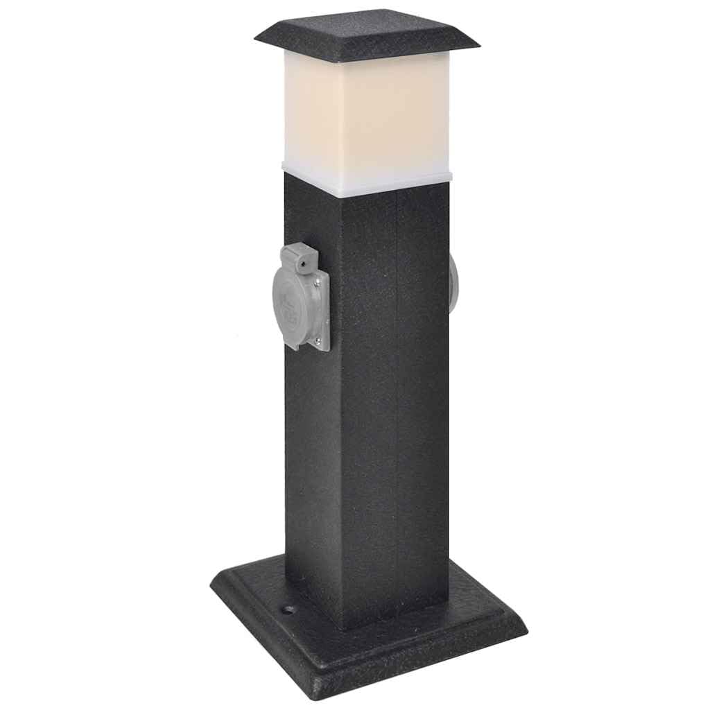 Regleta para jardín, torre negra con lámpara, chapa de hierro resistente a la intemperie, protección IP44, doble enchufe múltiple para exteriores, compacto, 15,5 x 15,5 x 40,5 cm, ideal para
