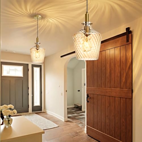 Image of Stripes Amber Glass Pendant Light for Kitchen Island Gold 8 Inch 1 Pack