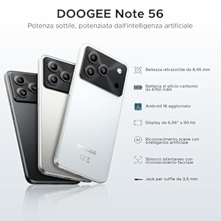 DOOGEE Note 56 Smartphone Android 16, 6150 mAh, 8.45 mm Ultrasottile, 6.56" HD + 90 Hz IPS, 24 GB + 64 GB/2 TB TF, 4G Telefono Cellular offerta Smartphone, Dual SIM/Octa Core/OTG/Face ID/GPS, Nero