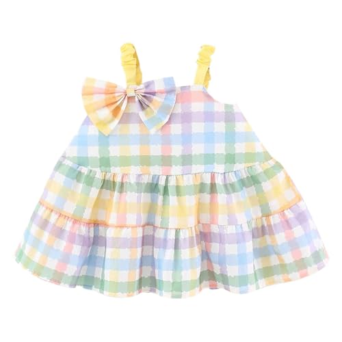 Toddler Girls Sleeveless Dress Color Block Plaid Sundress Cute Bow Spaghetti Straps Tiered Ruffle Dresses 6M-4Y