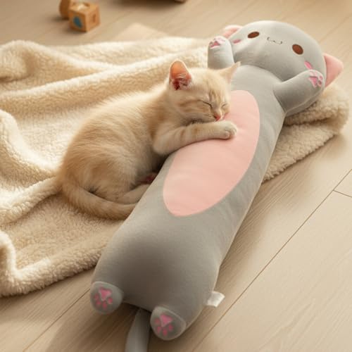 Image of Long Cat Plush Toy - Ultra Soft Cat Plush Pillow Stuffed Animal for Kids & Adults, Kawaii Kitty Body Pillow, Cute Plushie Gift for Kids Girlfriend (Gray, Round Eyes, 60cm /23.62inch)