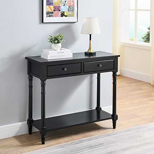 Solid Wood Console Entry Table With 2 Drawers, Accent Sofa Table With Storage Shelf, Narrow Entryway Hall Table For Living Room Office Easy Assembly 35.54" L X 30" H X 13.78" W Black Sfz-004Bk #TOP1