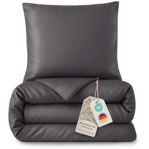 LAYNENBURG Premium Lyocell Bettwäsche in 135x200 + Kissenbezug 80x80 cm - 100% Lyocell Tencel aus u.a Eukalyptus Oeko-TEX 100 - kühlende Sommer-Bettwäsche mit Reißverschluss (anthrazit)