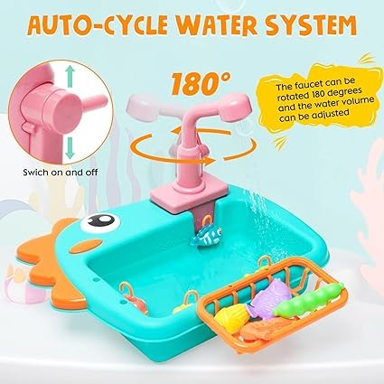 RAZZES Kitchen Sink Toy with Running Water – Automatic Water Circulation | Pretend Play Kitchen Set with Tableware, Vegetables, Fruits & Fishing Game | Fun Gift for Girls & Boys - Image 3 thumbnail