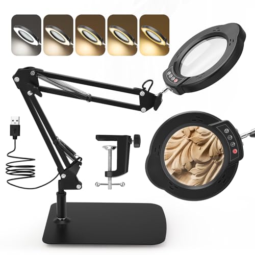 Trsaow Upgrade 15 x Vergrößerungsglas mit Licht, 5 Farbtemperaturen und 10 Helligkeitsstufen, Multifunktionslupe mit flexiblen Armen und 360° drehbarem Kopf, Lupen zum Lesen, Arbeiten und Basteln