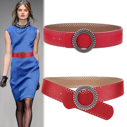 Women's Elegant Wide Belt PU Jeans Dresses Waist Belt with Round Vintage Buckle Decorative Hip Belt Fashion Belt