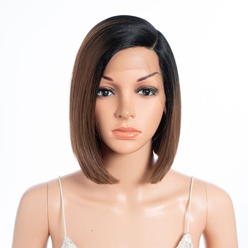 DÉBUT Side Part Short Bob Lace Front Wigs Ombre Brown Light Yaki Straight Synthetic Hair Heat Resistant Fiber Wig for Women