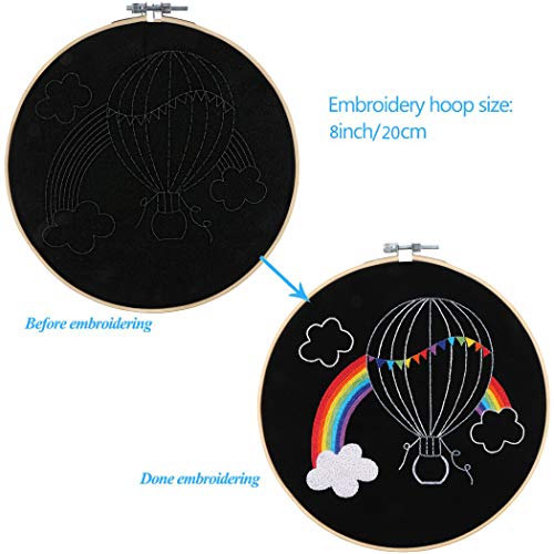 Full Range of Embroidery Starter Kit with Pattern, Kissbuty Cross Stitch Kit Including Embroidery Cloth with Pattern, Bamboo Embroidery Hoop, Color Threads and Tools Kit (Rainbow Hot Air Balloon)