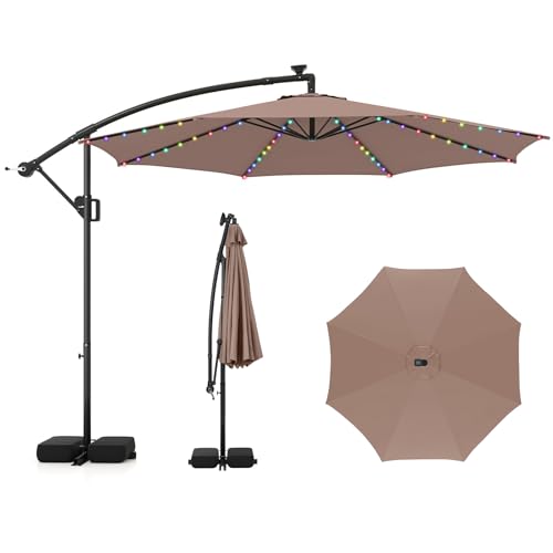 COSTWAY Parasol Déporté Professionnel 3x3 m, Parasol de Jardin Extérieur 96 LED Solaire 9 Modes,...