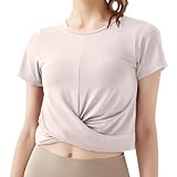 [Yomoment] ヨガウェア レディース 裾ねじり ラウンドネック カップなし 速乾吸汗 ピラティス ウェア ストレッチ スポーツtシャツ クロップド無地半袖シャツ ジム ピンク:L