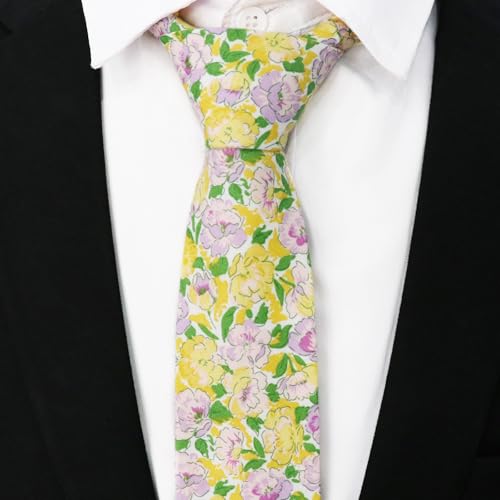 Image of Cotton Floral Ties for Men 2.76 inch Men's Skinny Tie Linen Flower Printed Neck Tie for Wedding Dating Party