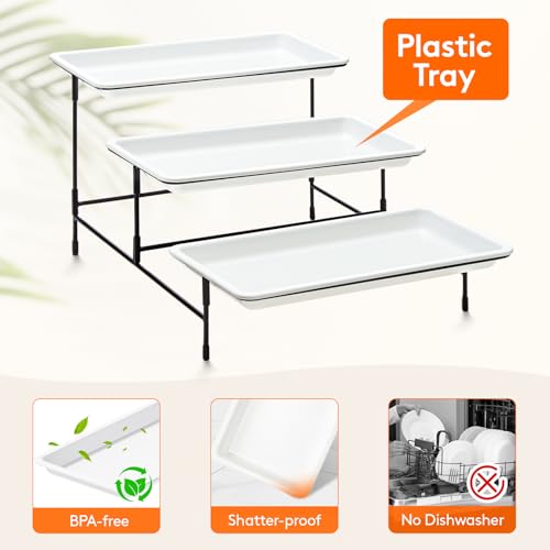 Lifewit 3 Tier Serving Tray, 30 x 17 cm/12 x 6.5" White Plastic Tiered Food Serving Platters, Tiered Tray Stand for Party with Black Collapsible Metal Stand, Dessert Display Stand for Cookies/Crackers by Lifewit - Image 4