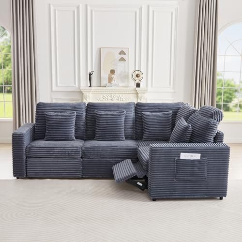 Image of RARZOE Modular Sectional Sofa with Power Recliner, 4-Seater L-Shaped Corduroy Reclining Couch Sectional with Headrest, Flexible Combination Fluffy Comfy Cloud Comfy Couches for Living Room,Grey