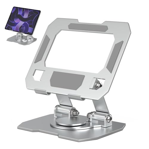 Image of Tablet Stand Holder for iPad, Galaxy, Legion Tab 4-10 Inch Tablet | Silver | 360 Rotating Foldable Metal Desk Holder, Adjustable Viewing Angle, Compatible with Galaxy Tab, Kindle & Mobile