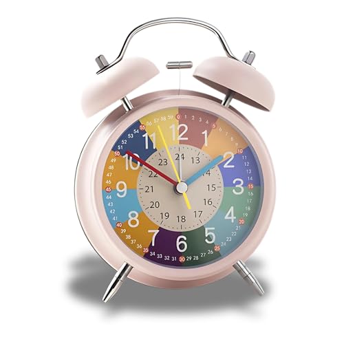 ozgram 目覚まし時計 【ピンク】 アナログ式 カラフル文字盤 静音 連続秒針 大音量ベル 常夜灯付き 学習サポート 知育用 キッズ 子供向け