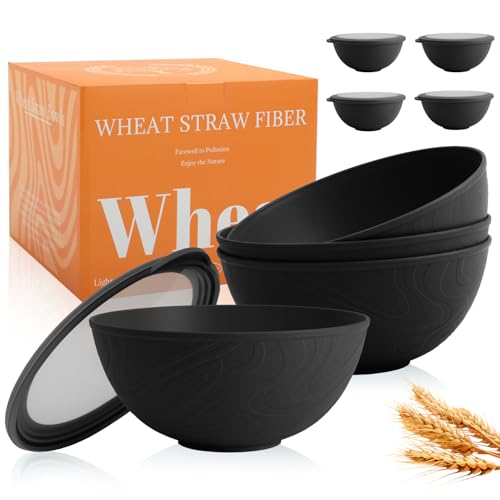 Image of 40 OZ Unbreakable Cereal Bowls with Lids, Wheat Straw Bowls Set of 4 with Unique Pattern, Reusable Plastic Bowl for Cereal, Soup, Salad and Ramen, Indoor & Outdoor Essentials, Black