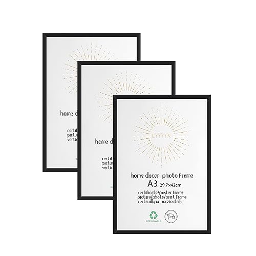 LYYYYX Lot de 3 cadres photo, format A3, en aluminium, noirs, avec verre acrylique, à suspendre verticalement ou horizontalement, pour photos, affiches, puzzles