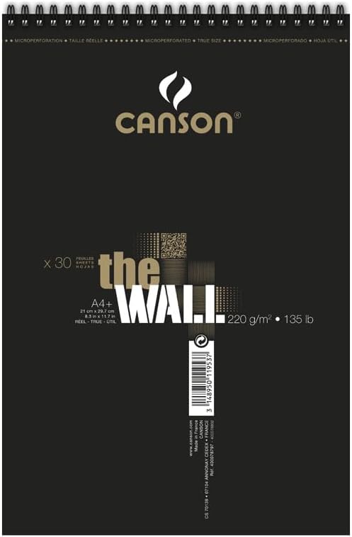 CANSON The Wall Marker 200gsm A4 Paper, Extra Smooth, Spiral Pad Short Side, 30 White Sheets, Ideal for Professional Artists & Illustrators