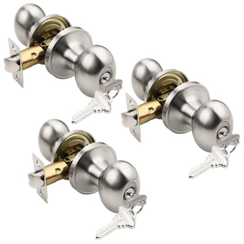 KNOBWELL 3 Pack Brushed Nickel Door Knob with Lock and Key, Egg Shaped Oval Door Knob Keyed Alike Doorknob for Bedroom/Bathroom/Office