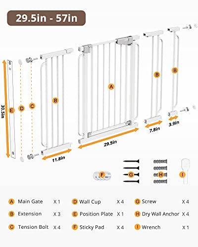 Mom's Choice Awards Winner-Cumbor 29.5-57" Baby Gate For Stairs, Extra Wide Dog Gate For Doorways, Pressure Mounted Walk Through Safety Child Gate For Kids Toddler, Tall Pet Puppy Fence Gate, White #TOP4