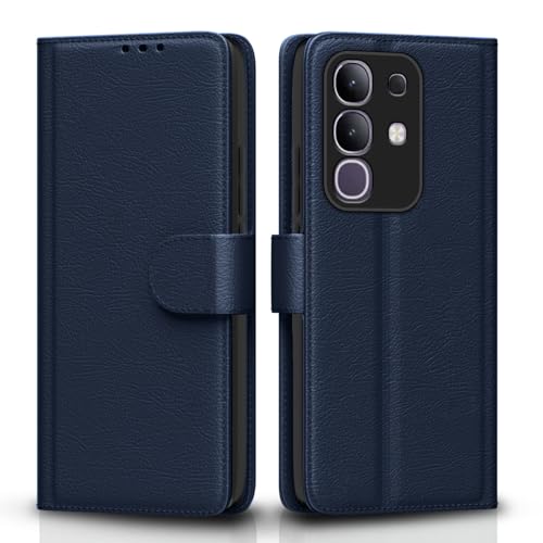 Image of Amazon Basics Flip Cover for Vivo T4x 5G / iQoo Z10x 5G Leather Finish | Wallet Stand and Shock Proof | Inside TPU with Card Pockets | Complete Protection Flip Case(Blue)