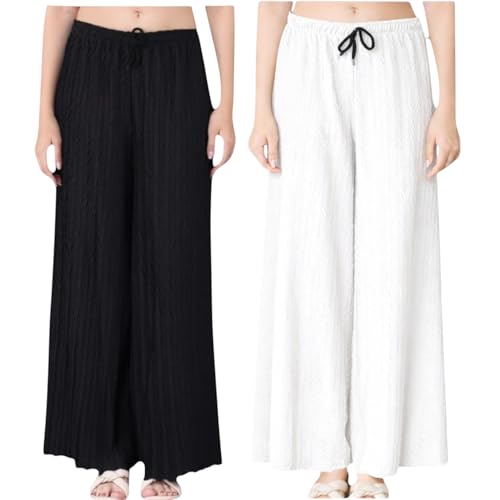 Image of Women Wide Leg Palazzo Pants Combo Pack of 2 |Trousers for Women | Loose Fit Textured Palazzo Pants for Women & Girls | Casual Lounge Travel Wear