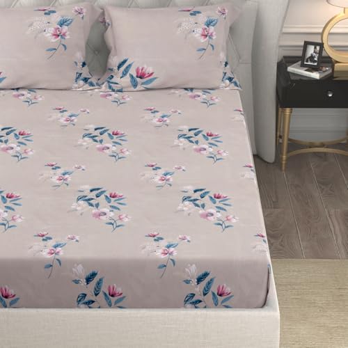 Image of Cloth Fusion Glace Cotton Elastic Fitted Bedsheet King Size 78x72 inch | Pink Floral, 2 Pillow Covers, 165 TC, Soft, Cotton Blend, 360 Grip, Fits Up to 8 in Mattress, Quick-Drying