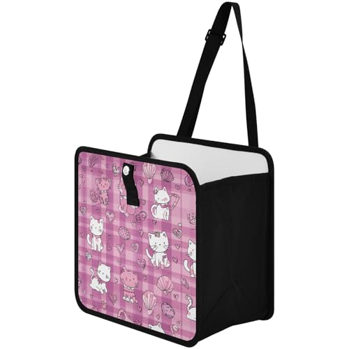 Image of Car Trash Can Organizer Bin with Adjustable Strap for Back Front Seat Console Waterproof Leakproof Collapsible Portable 11 Inch Checkered Pink Kittens Hearts Shells