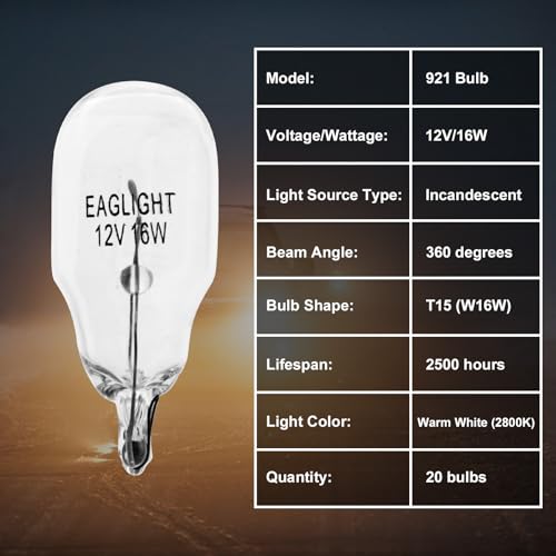 BTFO 20 Packung 921 Glühbirnen, 12V 16W T15 W16W Kraftfahrzeug-Leuchtmittel für Rückfahr-Rücklicht Bremsleuchte Blinker Stopp Heck-Kofferraum Wohnmobil Ersatzlampen Kompatibel mit 904 906 912 916