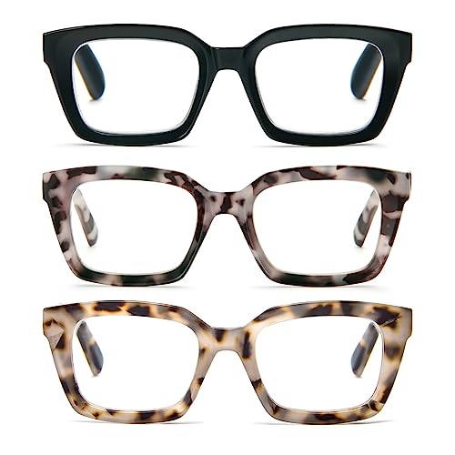 MMOWW Paquete de 3 gafas de lectura rectangulares - Gafas de gran tamaño con montura cuadrada anti luz azul para mujeres y hombres +1.5