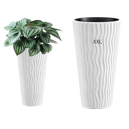MELTOM Blumentopf mit vertikaler Wellenoptik herausnehmbarem Einsatz aus Kunststoff Pflanzkübel (Weiß, XXL)
