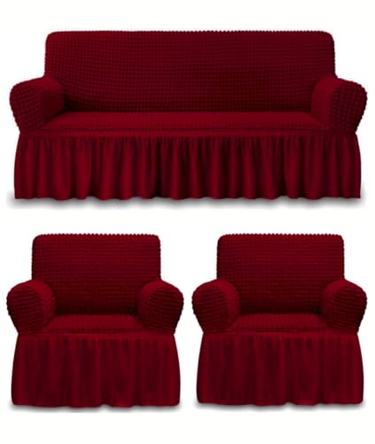 Image of Bails Sofa Cover 5 Seater Fully Covered | Sofa Cover l Shape 7 Seater Fully Covered | Sofa Cover 5 Seater Set | Elastic Bubble Fabric with Frill Sofa Protector Cover (Red, 5 Seater (3+1+1))