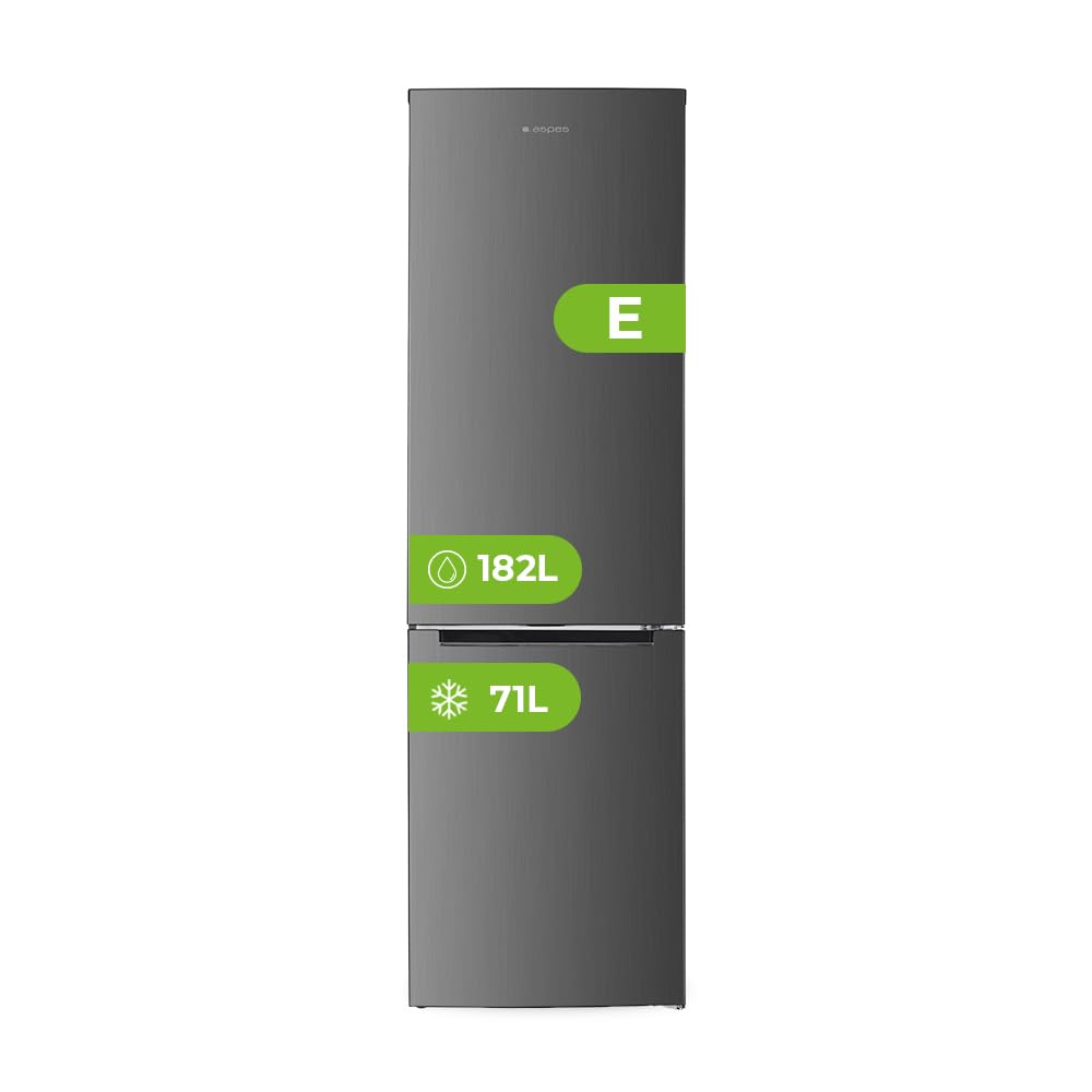 Aspes Frigorífico Combi Inox 2 Puertas. AC185502ENFX, Capacidad 253 Litros, No Frost, Motor Universal, Bajo Nivel Sonoro, Puerta Reversible, Apertura Tipo Uñero, Clasificación Energética E