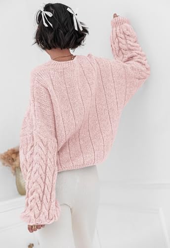 Image of PRETTYGARDEN Womens Sweaters Spring 2026 Cable Knit Long Sleeve Crewneck Oversized Sweater Chunky Pullover Loose Outfits