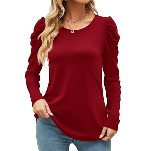 Ivicoer Women's Puff Sleeve Crew Neck Tunic Tops Casual Cute Loose Fit T Shirts Soft Work Floral Print Blouses S-XXL Small 02-wine Red
