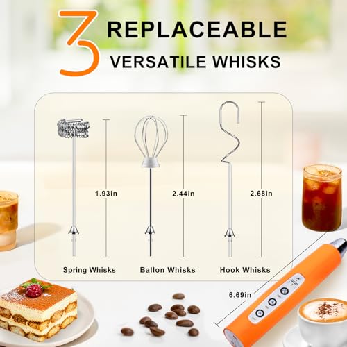 Image of YUSWKO Fluorescence Orange Handheld Milk Frother Wand for Coffee, Rechargeable Electric Whisk with 3 Heads 3 Speeds Drink Mixer Coffee Frother For Latte, Cappuccino, Hot Chocolate, Egg | Drink Mixer Wand Coffee Frother Handheld With 3 Heads 3 Speeds For Latte, Cappuccino, Hot Chocolate, Egg, No Stand, Orange